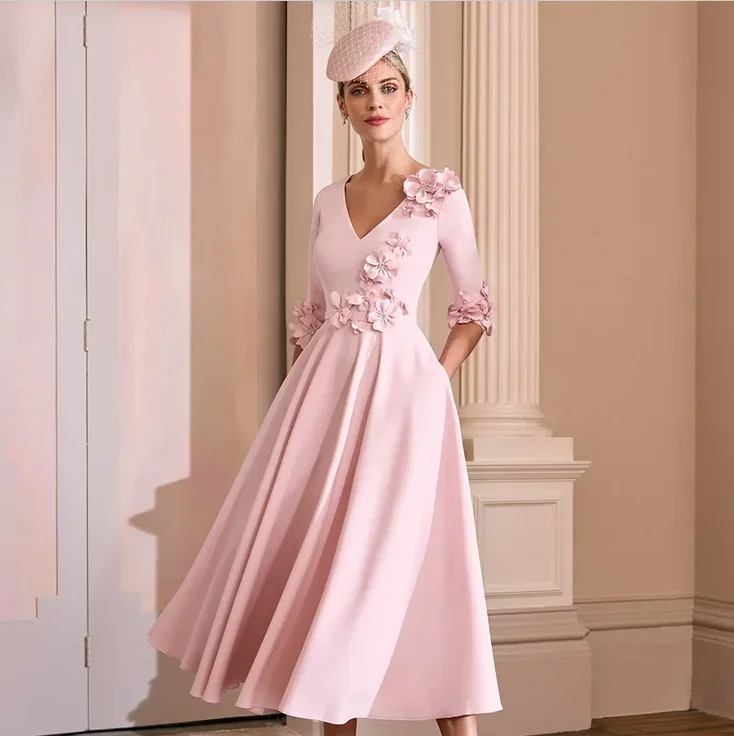 Elegant Pink Short Mother of the Bride Dress V Neck Tea Length 3D Flowers Half Sleeves Women Party Banquet Guest Gown
Elegant Pink Short Mother of the Bride Dress V Neck Tea Length 3D Flowers Half Sleeves Women Party Banquet Guest Gown