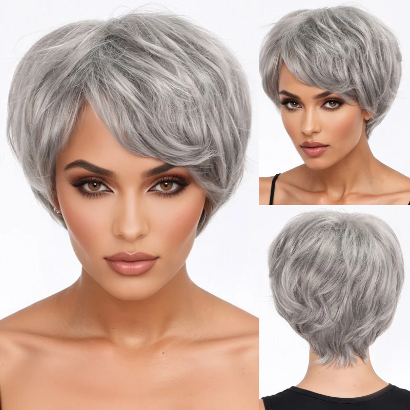 European and American women's short with rose net, gray gradient synthetic hair wig
European and American women's short with rose net, gray gradient synthetic hair wig