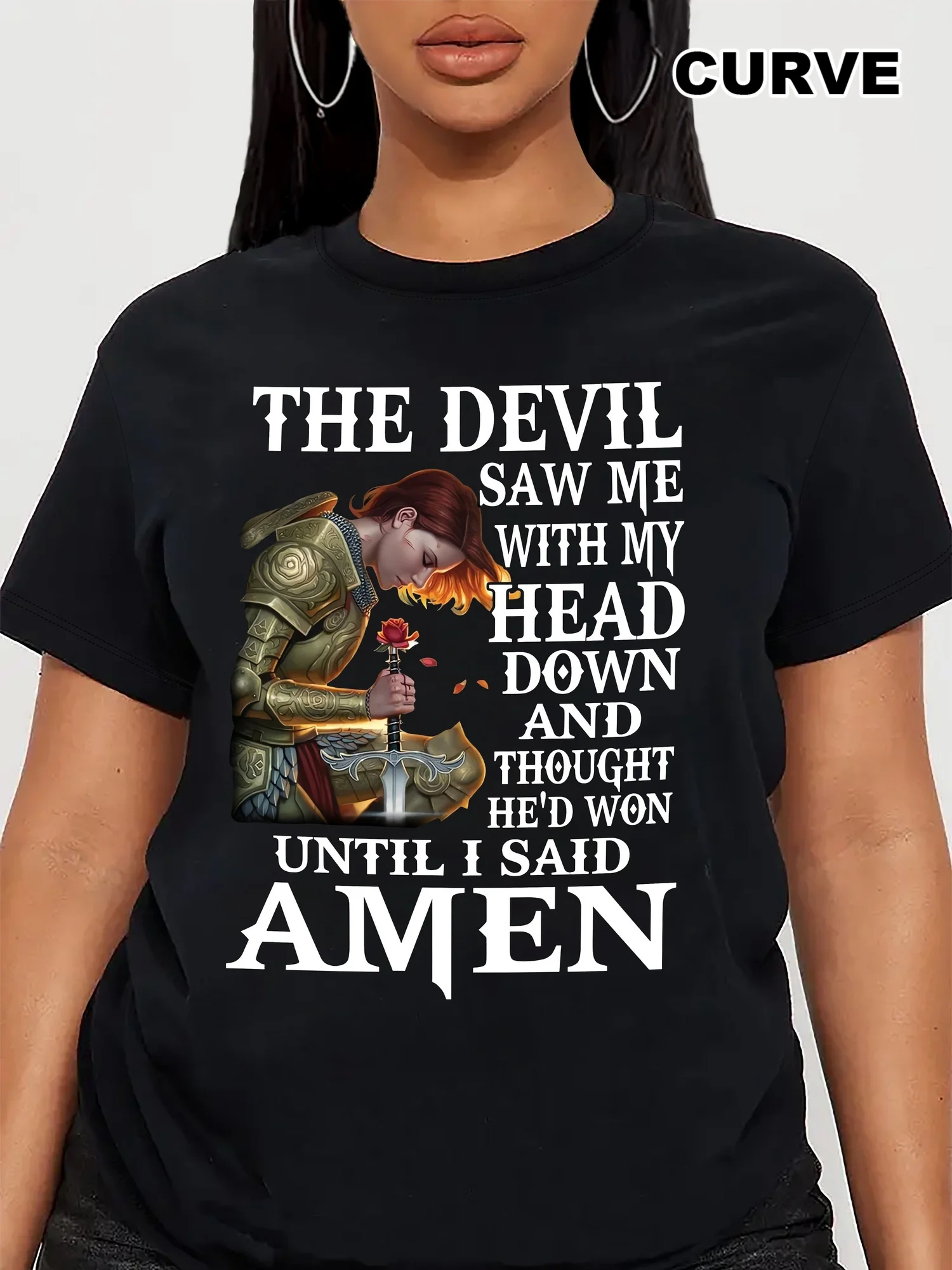 Plus Size, 1pc Women's Faith Graphic Print T-Shirt - Black Inspirational Quote & Knight Design Casual Crew Neck Short Sleeve Tee
Plus Size, 1pc Women's Faith Graphic Print T-Shirt - Black Inspirational Quote & Knight Design Casual Crew Neck Short Sleeve Tee