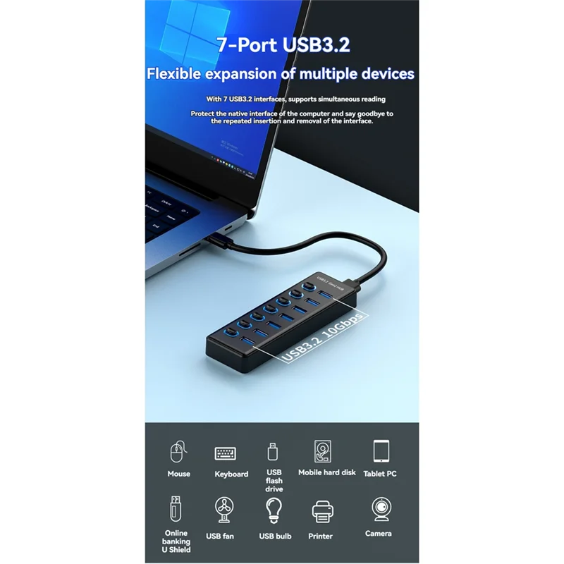 ABKI-7 порт USB3.2 Gen2 HUB 10 Гбит/с USB 3.0 концентратор с индивидуальным переключателем управления светодиодным индикатором с адаптером питания вилка стандарта США
ABKI-7 порт USB3.2 Gen2 HUB 10 Гбит/с USB 3.0 концентратор с индивидуальным переключателем управления светодиодным индикатором с адаптером питания вилка стандарта США