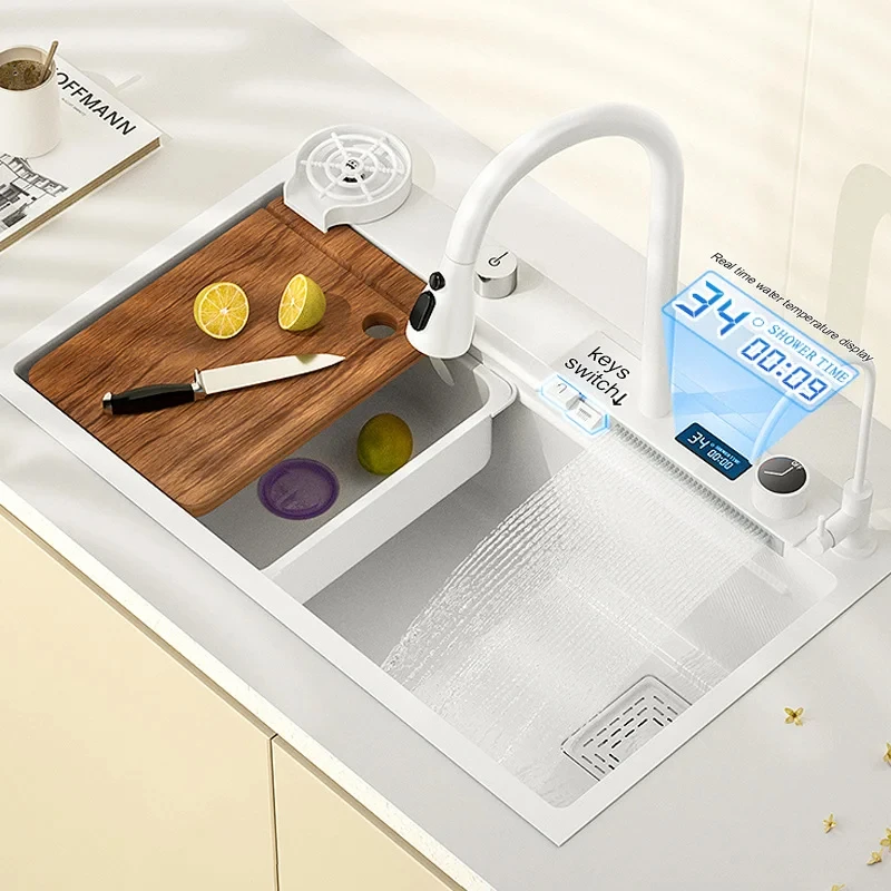 White Waterfall sink large single sink digitial display 304 stainless steel dish wash basin kitchen sink household table basin
White Waterfall sink large single sink digitial display 304 stainless steel dish wash basin kitchen sink household table basin