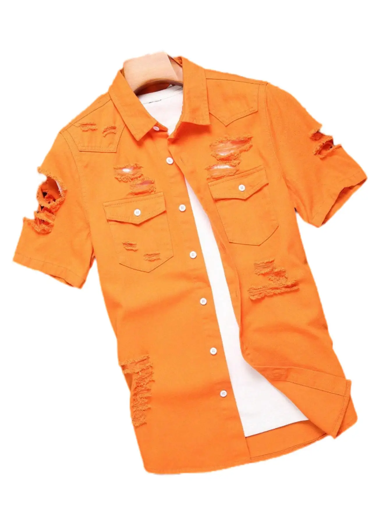 Men's summer orange short - sleeved denim shirt with holes. In a stylish and casual style.
Men's summer orange short - sleeved denim shirt with holes. In a stylish and casual style.