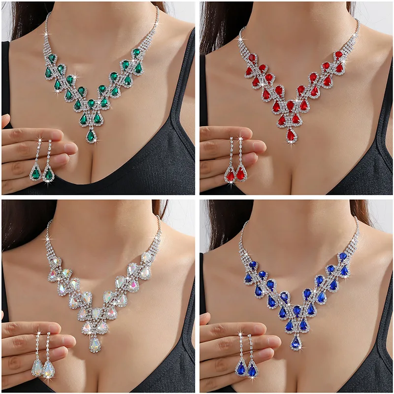 European and American Crystal Necklace Two-Piece Earrings Set Fashionable High-End Color Necklace Earrings Jewelry
European and American Crystal Necklace Two-Piece Earrings Set Fashionable High-End Color Necklace Earrings Jewelry