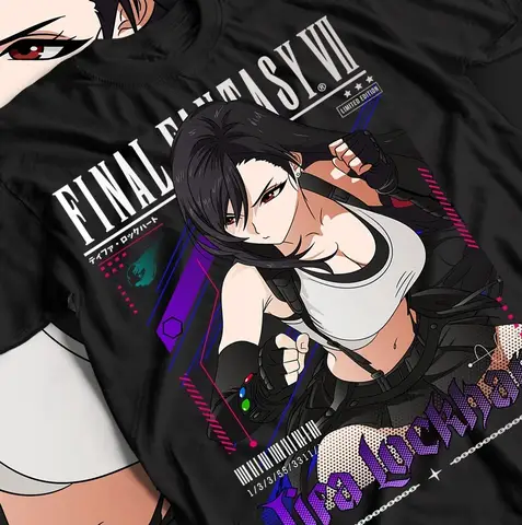 Koszulka Tifa Lockhart FF7 Vintage Letnia Nowość Anime Waifu Graficzny Nadruk Retro Casual Unisex Streetwear Top