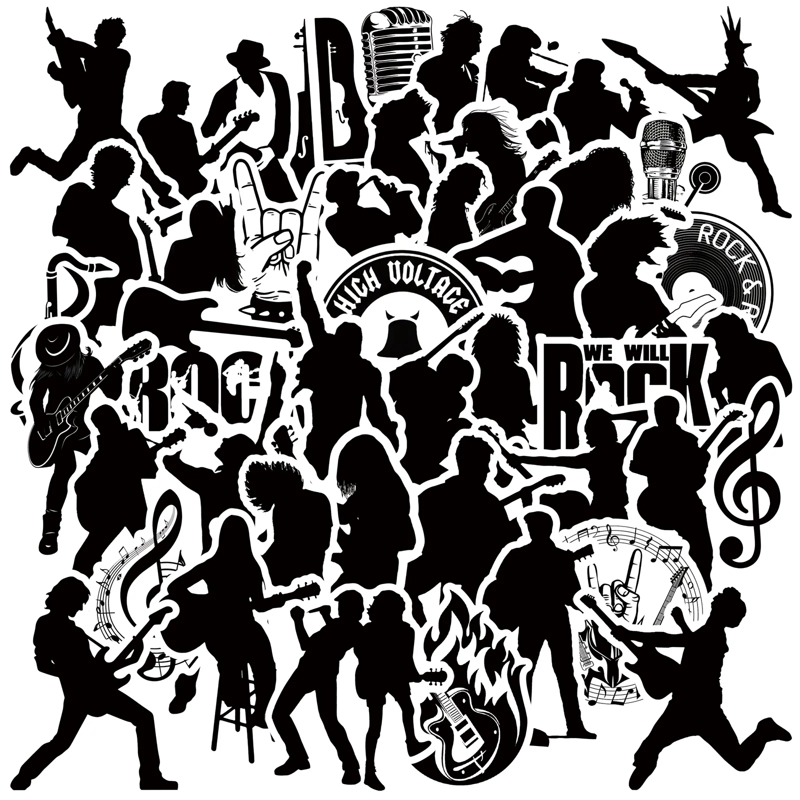 50Pcs Cool Rock Music Sticker White and Black Stickers Fashion Band DIY Stickers Skateboard Motorcycle Phone Laptop Decals
50Pcs Cool Rock Music Sticker White and Black Stickers Fashion Band DIY Stickers Skateboard Motorcycle Phone Laptop Decals