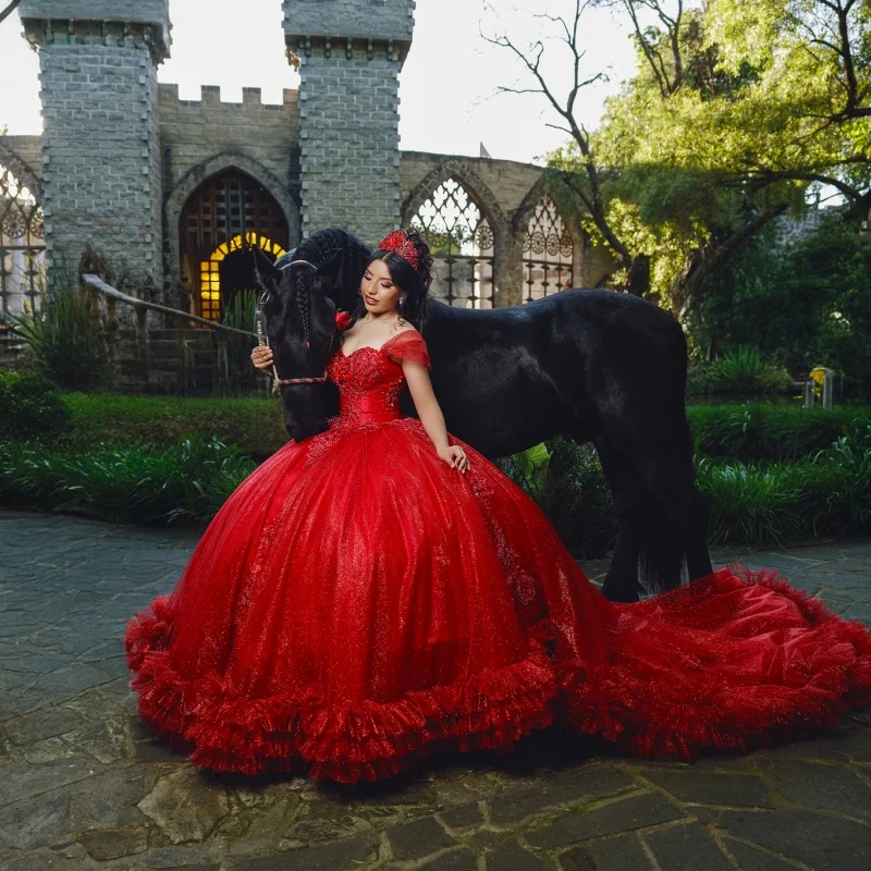 Shiny Red Quinceanera Dresses Off the Shoulder Crystal Decal Long tail Lace Layering Bow Vestidoe 15 Quinceanera Customize
Shiny Red Quinceanera Dresses Off the Shoulder Crystal Decal Long tail Lace Layering Bow Vestidoe 15 Quinceanera Customize