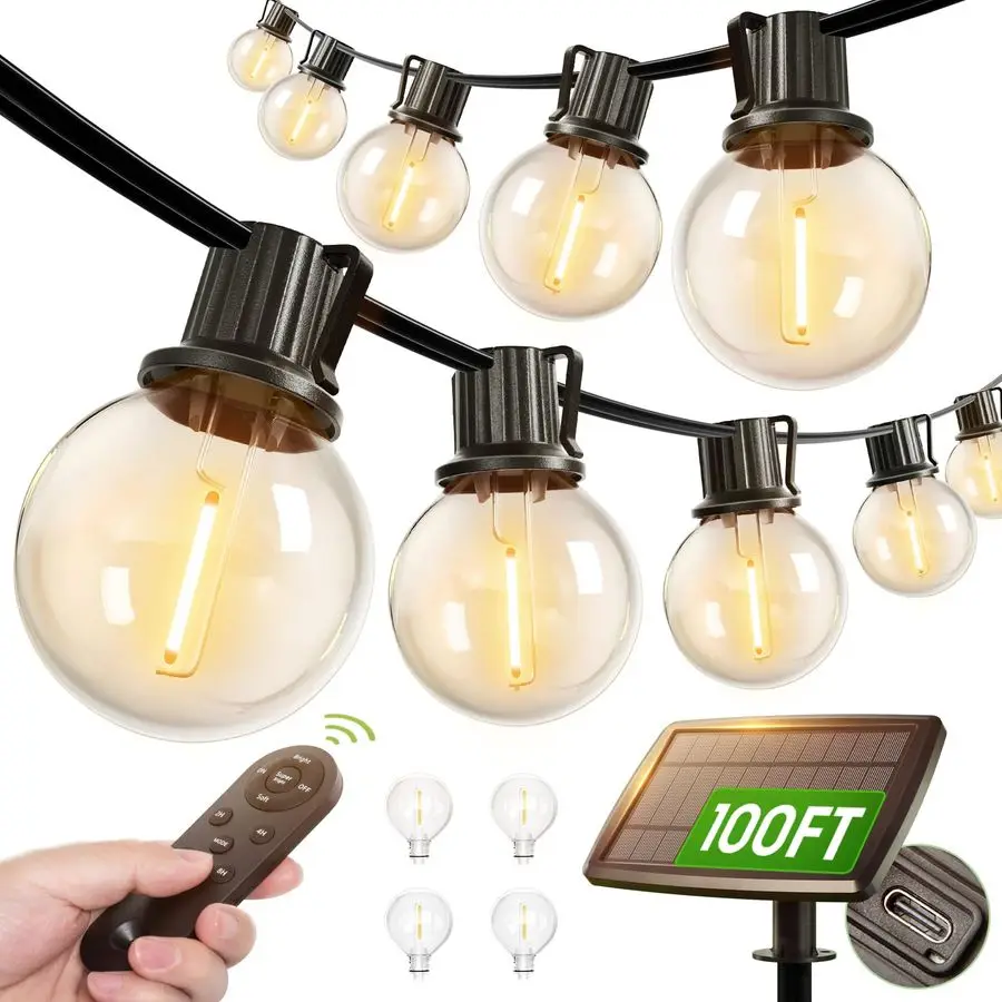100FT Solar String Lights Outdoor with Remote, 54 LED Shatterproof Bulbs, Dimmable amp Timable, 3 Light Modes, G40 Waterproof So