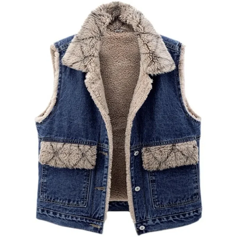 Vintage Blue Lamb Wool Velvet Padded Denim Vest Women's Sleeveless Jacket Vest Winter Fashion Cotton Padded Jacket Waistcoat
Vintage Blue Lamb Wool Velvet Padded Denim Vest Women's Sleeveless Jacket Vest Winter Fashion Cotton Padded Jacket Waistcoat