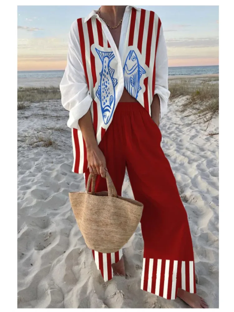 Seaside Tropical Print 2-Piece Set Women's Beach Suit Short Sleeve Lapel Shirt Elastic Waist Wide Leg Pants Casual Home Outfits
Seaside Tropical Print 2-Piece Set Women's Beach Suit Short Sleeve Lapel Shirt Elastic Waist Wide Leg Pants Casual Home Outfits