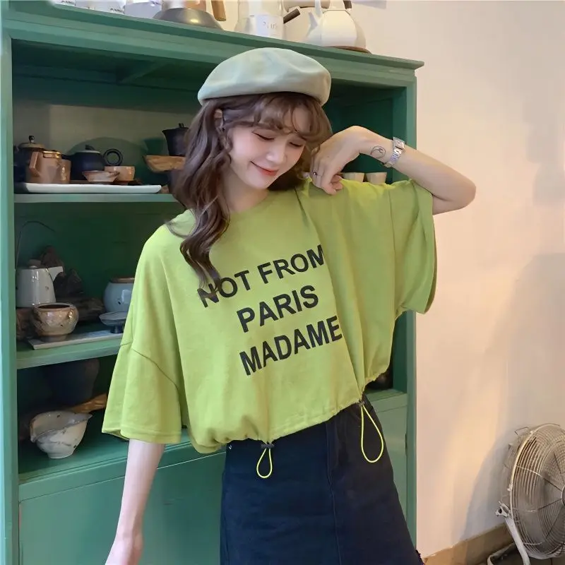 Short Drawstring Loose T Shirts Summer New Short Sleeve Letter Printing Solid Color Casual Tops Tees Fashion Trend Women Clothes
Short Drawstring Loose T Shirts Summer New Short Sleeve Letter Printing Solid Color Casual Tops Tees Fashion Trend Women Clothes