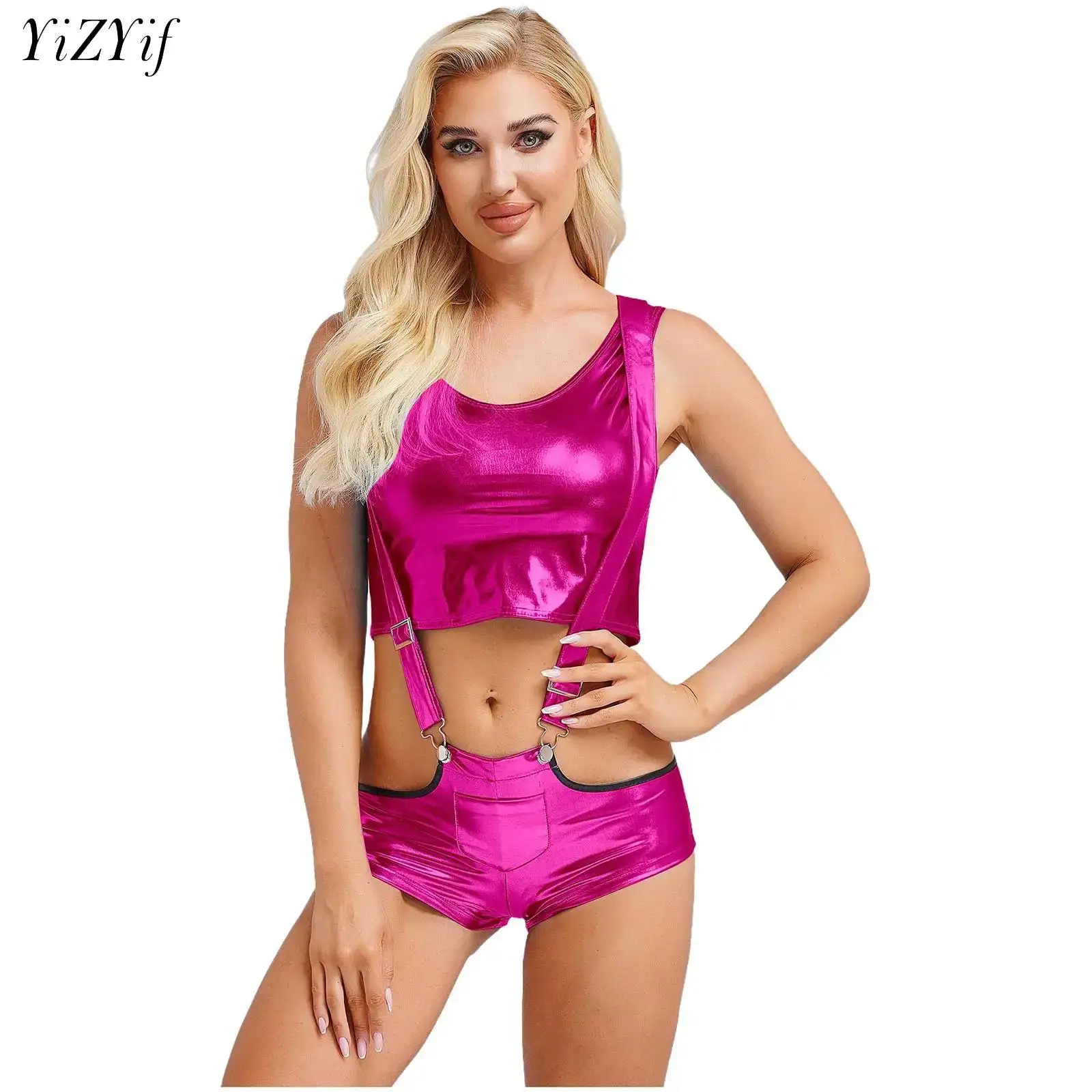 Metallic Pole Dancing Costume Shiny Women Crop Tank Tops with Suspenders Shorts Summer Holographic Rave Festival Party Clubwear
Metallic Pole Dancing Costume Shiny Women Crop Tank Tops with Suspenders Shorts Summer Holographic Rave Festival Party Clubwear