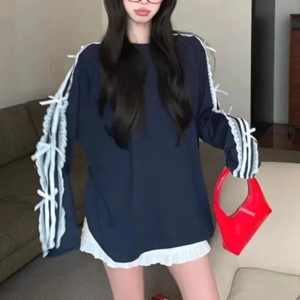 Casual O Neck Long Sleeve Minority T-shirt Lace Patchwork Loose Bow Women Clothing Korea Mid-length Slim All-match Mujer
Casual O Neck Long Sleeve Minority T-shirt Lace Patchwork Loose Bow Women Clothing Korea Mid-length Slim All-match Mujer