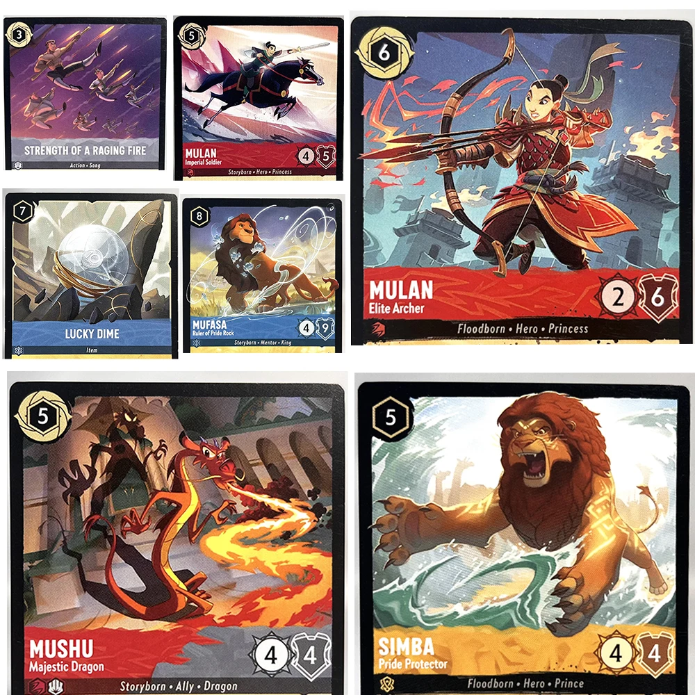 Карты Lorcana Proxy Games Mulan Simba Mufasa Mushu Lucky Dime Сила Raging Fire Playing Card Game Размер 1/2/3
Карты Lorcana Proxy Games Mulan Simba Mufasa Mushu Lucky Dime Сила Raging Fire Playing Card Game Размер 1/2/3
