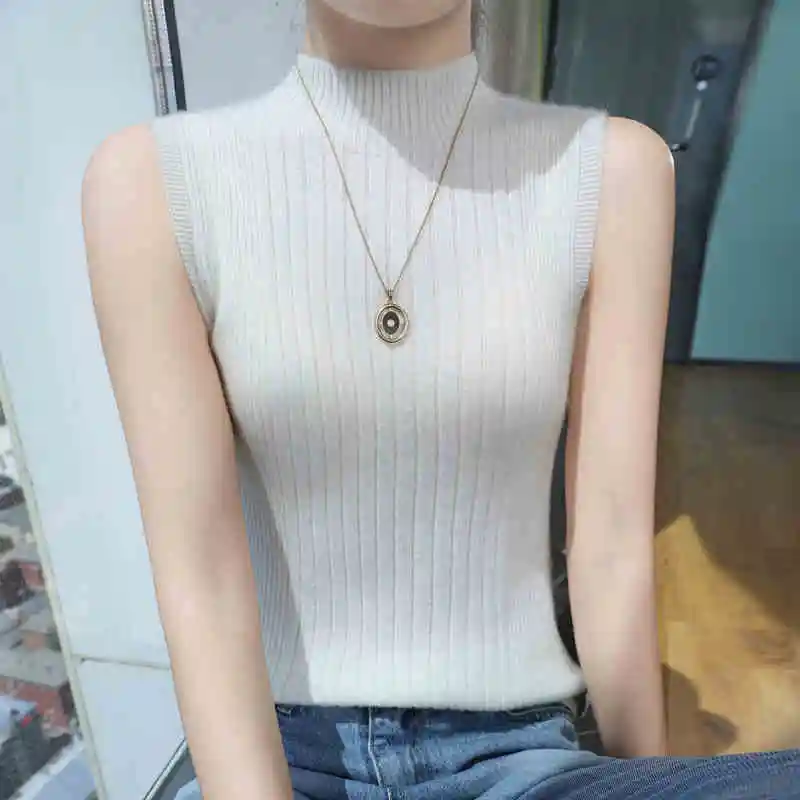 Knitted Sweater Women Pullovers New Sleeveless Mock Neck White Knit Sweater Pullover Women Tops Sweaters Sueters De Mujer Q1276
Knitted Sweater Women Pullovers New Sleeveless Mock Neck White Knit Sweater Pullover Women Tops Sweaters Sueters De Mujer Q1276