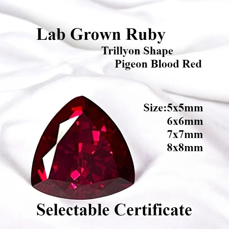 High Quality Lab Grown Ruby Trillyon Cut Pigeon Blood Red Color Gemstone for DIY Jewelry Making Materials Selectable Certificate
High Quality Lab Grown Ruby Trillyon Cut Pigeon Blood Red Color Gemstone for DIY Jewelry Making Materials Selectable Certificate