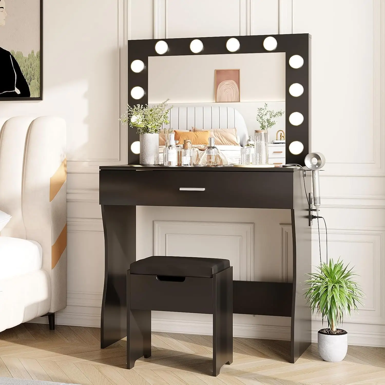 Vabches Vanity Table Set with 12 Light Bulbs, Makeup Dressing Table with Big Drawer & Mirror, Dresser Desk for Bedroom, Living R
Vabches Vanity Table Set with 12 Light Bulbs, Makeup Dressing Table with Big Drawer & Mirror, Dresser Desk for Bedroom, Living R