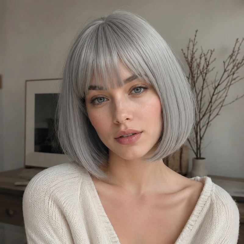 Silver-gray synthetic bob wig, 12-inch smooth and neat air bangs, simple everyday cosplay wig.
Silver-gray synthetic bob wig, 12-inch smooth and neat air bangs, simple everyday cosplay wig.