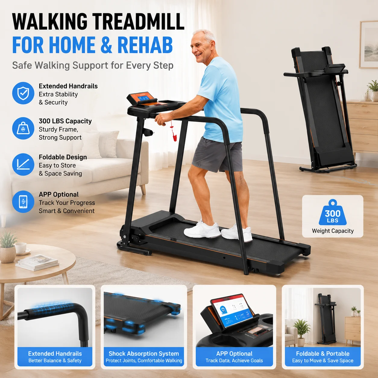 Walking Treadmills for Home, Extended Handrails for Recovery Fitness, Portable Foldable Treadmill for Seniors with Optional APP Control, 300 LBS Capacity, 2.5 HP Motor, Double Shock Absorption, Space-Saving Black & Orange Running Machine
Walking Treadmills for Home, Extended Handrails for Recovery Fitness, Portable Foldable Treadmill for Seniors with Optional APP Control, 300 LBS Capacity, 2.5 HP Motor, Double Shock Absorption, Space-Saving Black & Orange Running Machine