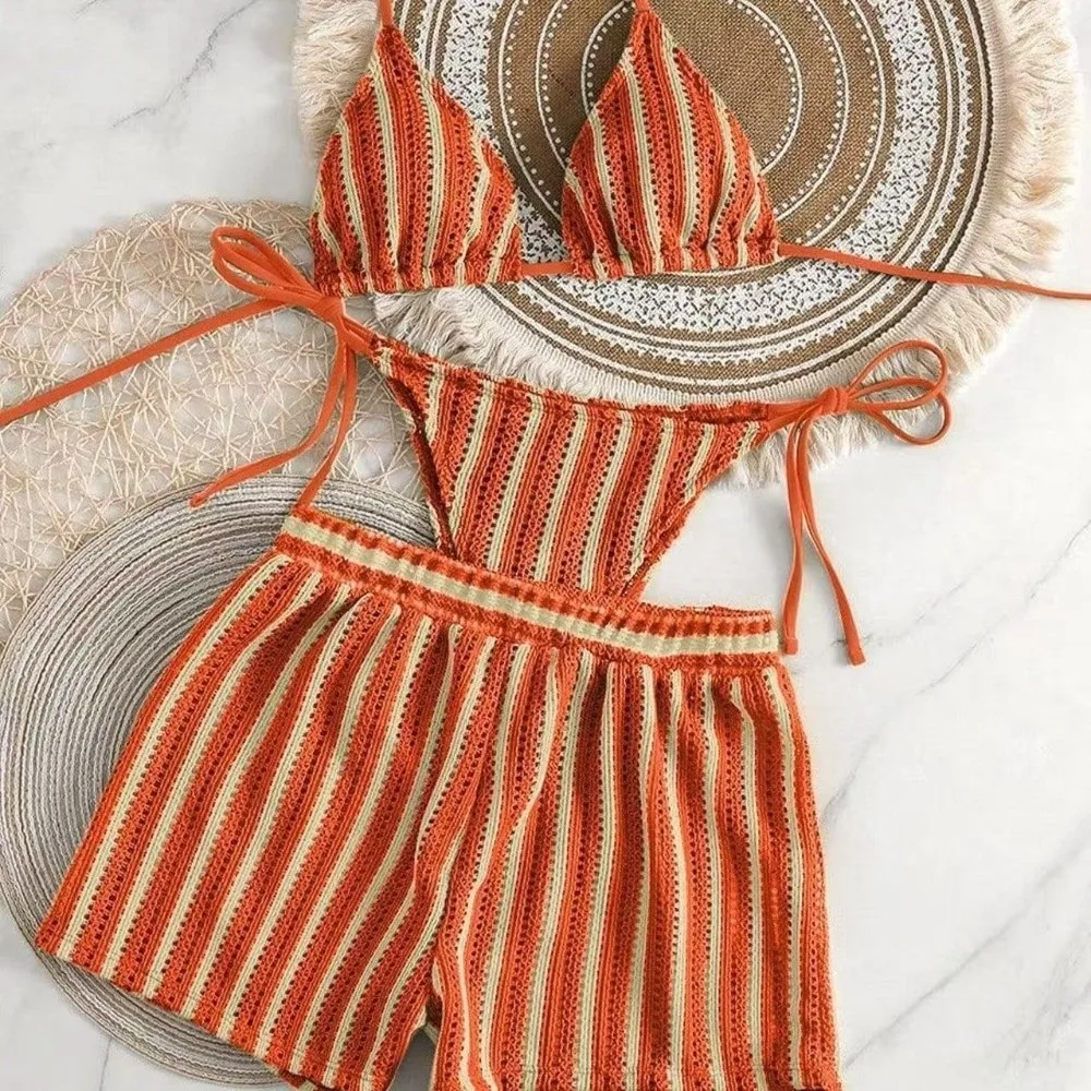Fashion Stripes 3 in 1 Swimwear Set Lace Up Sleeveless Bikini Bathing Suit Slim Fit Beachwear Clothing Knitting Swimsuit Beach
Fashion Stripes 3 in 1 Swimwear Set Lace Up Sleeveless Bikini Bathing Suit Slim Fit Beachwear Clothing Knitting Swimsuit Beach
