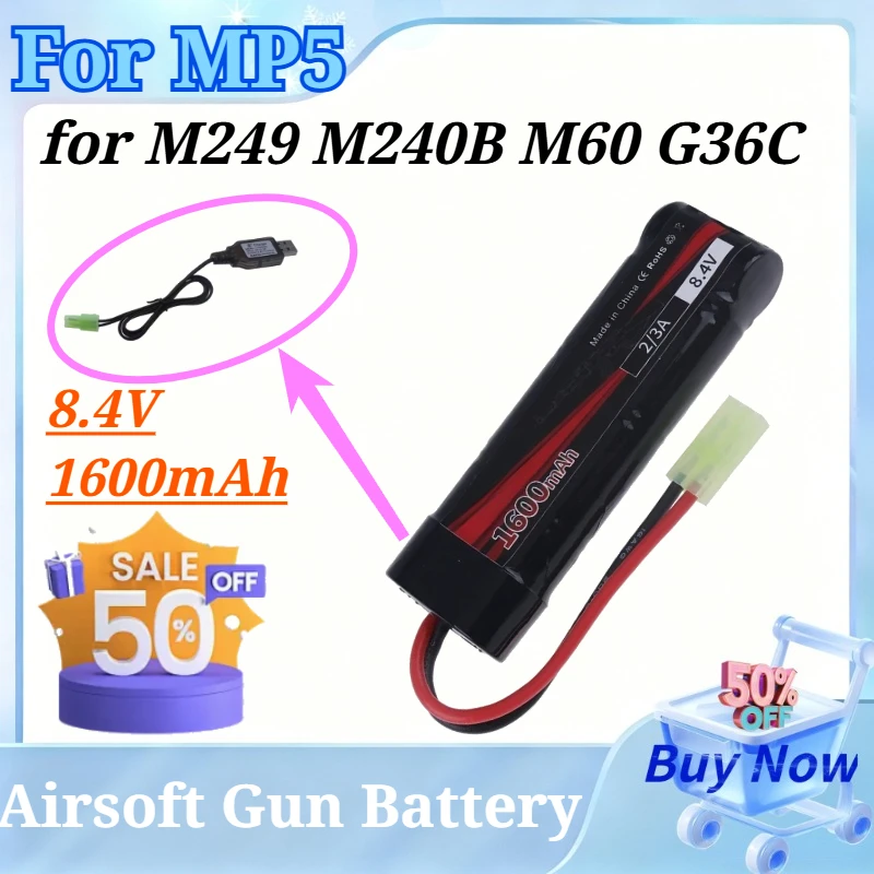 8.4V 1600mAh NiMH Flat Battery Pack with USB Charger 2/3A Airsoft Gun Battery for MP5 Scar M249 M240B M60 G36C Electric Toy Gun
8.4V 1600mAh NiMH Flat Battery Pack with USB Charger 2/3A Airsoft Gun Battery for MP5 Scar M249 M240B M60 G36C Electric Toy Gun