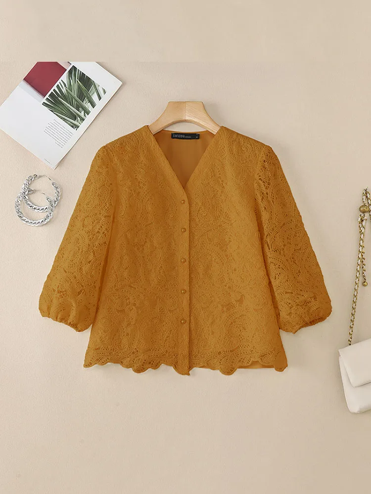 ZANZEA Summer Blouse Women Fashion Elegant Hollow Out Holiday Shirt V Neck 3/4 Sleeve Work Blusas Stylish Lace Patchwork Tops
ZANZEA Summer Blouse Women Fashion Elegant Hollow Out Holiday Shirt V Neck 3/4 Sleeve Work Blusas Stylish Lace Patchwork Tops
