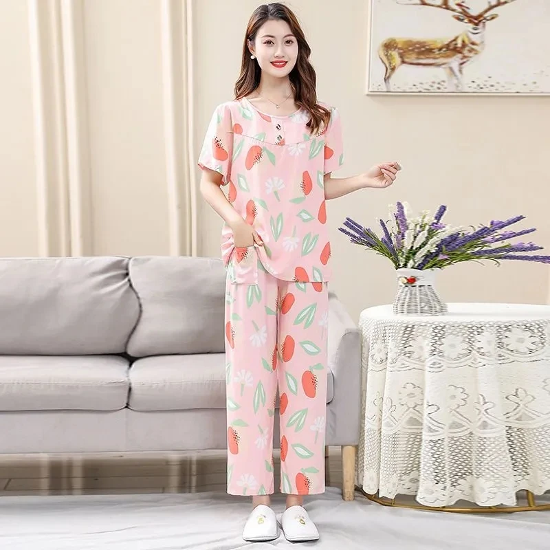 Pajama Women's Summer Thin Cotton Silk suit Loose Young Short-Sleeved Home Clothes Middle-Aaged Mother nine Pants Two-Piece Suit
Pajama Women's Summer Thin Cotton Silk suit Loose Young Short-Sleeved Home Clothes Middle-Aaged Mother nine Pants Two-Piece Suit