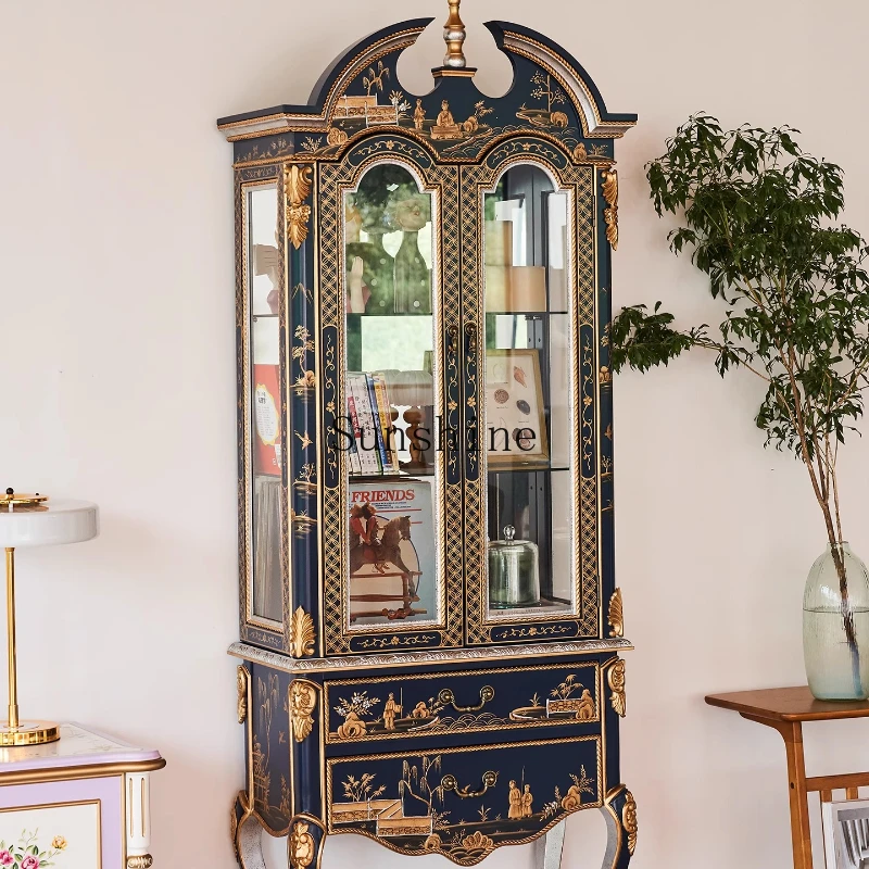 French Chinese style painted double door storage cupboard against the wall with glass storage
French Chinese style painted double door storage cupboard against the wall with glass storage