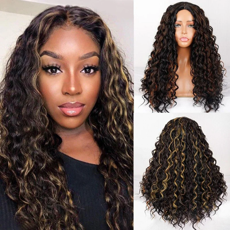 European American matte high-temperature synthetic fiber wig with African small curls, highlights, long hair, and middle par
European American matte high-temperature synthetic fiber wig with African small curls, highlights, long hair, and middle par