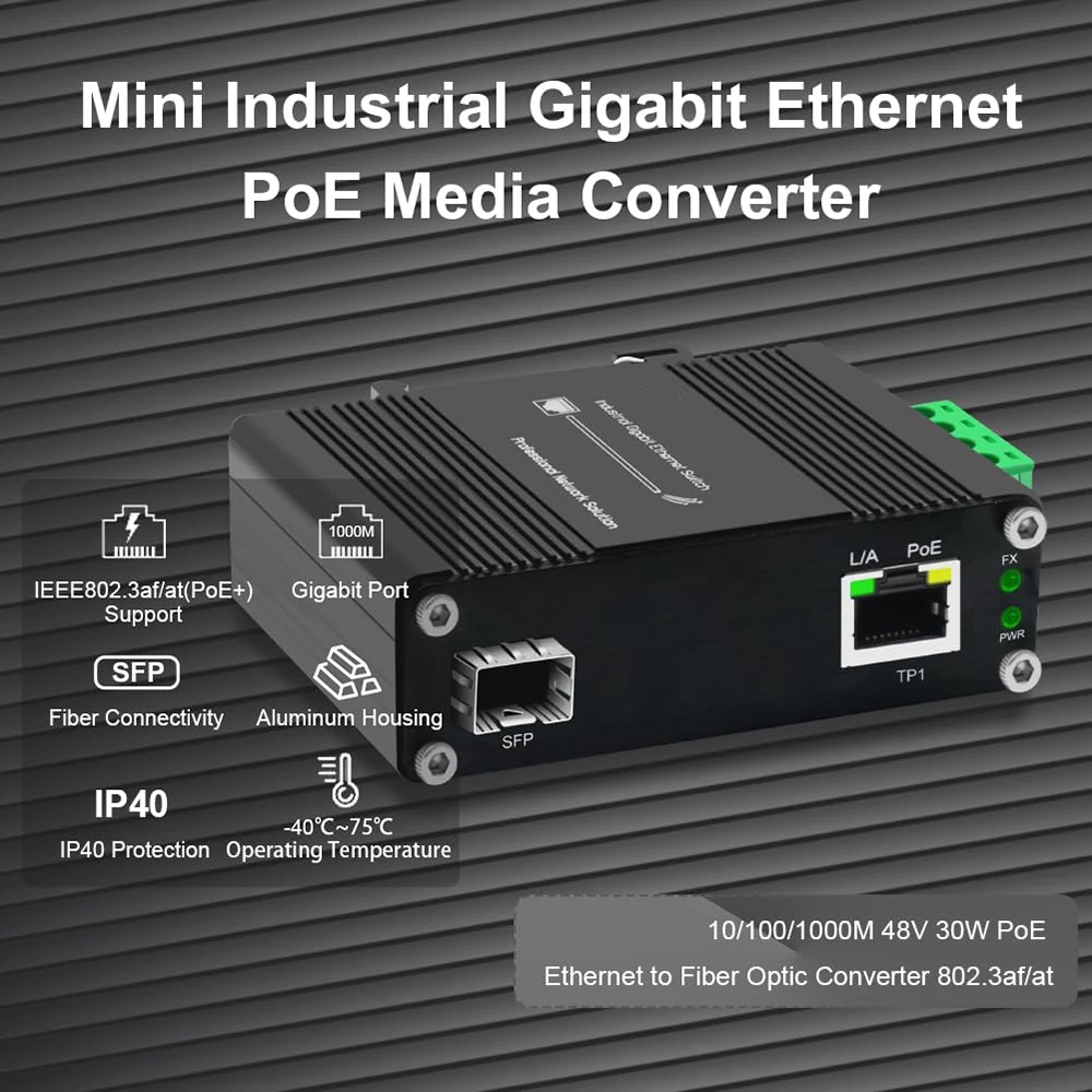 Сетевой промышленный гигабитный оптоволоконный медиаконвертер Ethernet 100/1000BASE-X SFP в 10/100/1000BASE-T 30 Вт PoE+ медиаконвертер
Сетевой промышленный гигабитный оптоволоконный медиаконвертер Ethernet 100/1000BASE-X SFP в 10/100/1000BASE-T 30 Вт PoE+ медиаконвертер