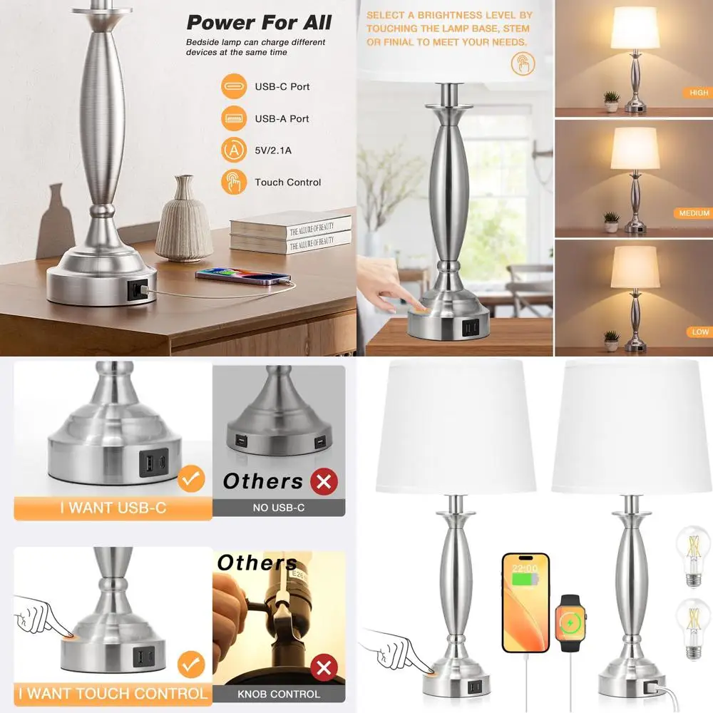 Set of 2 Touch-Control Dimmable Bedside Lamps with USB Ports, White Shade & Nickel Base for Bedrooms & Living Rooms
Set of 2 Touch-Control Dimmable Bedside Lamps with USB Ports, White Shade & Nickel Base for Bedrooms & Living Rooms