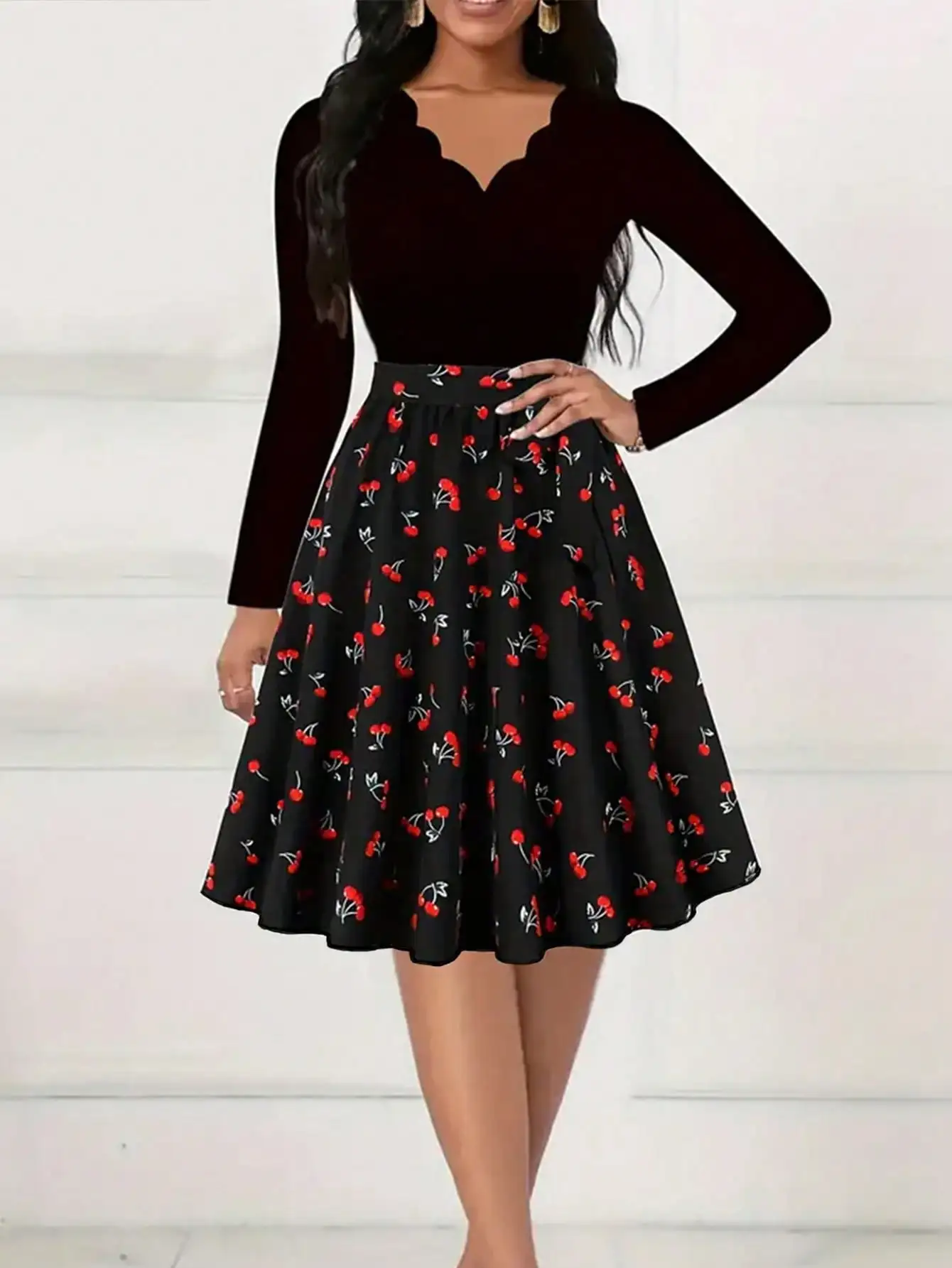 Floral Print Scalloped Hem Black Wavy V-Neck Long Sleeve Cherry Print A-Line Dress, Elegant Fitted Midi Dress, Suitable For
Floral Print Scalloped Hem Black Wavy V-Neck Long Sleeve Cherry Print A-Line Dress, Elegant Fitted Midi Dress, Suitable For