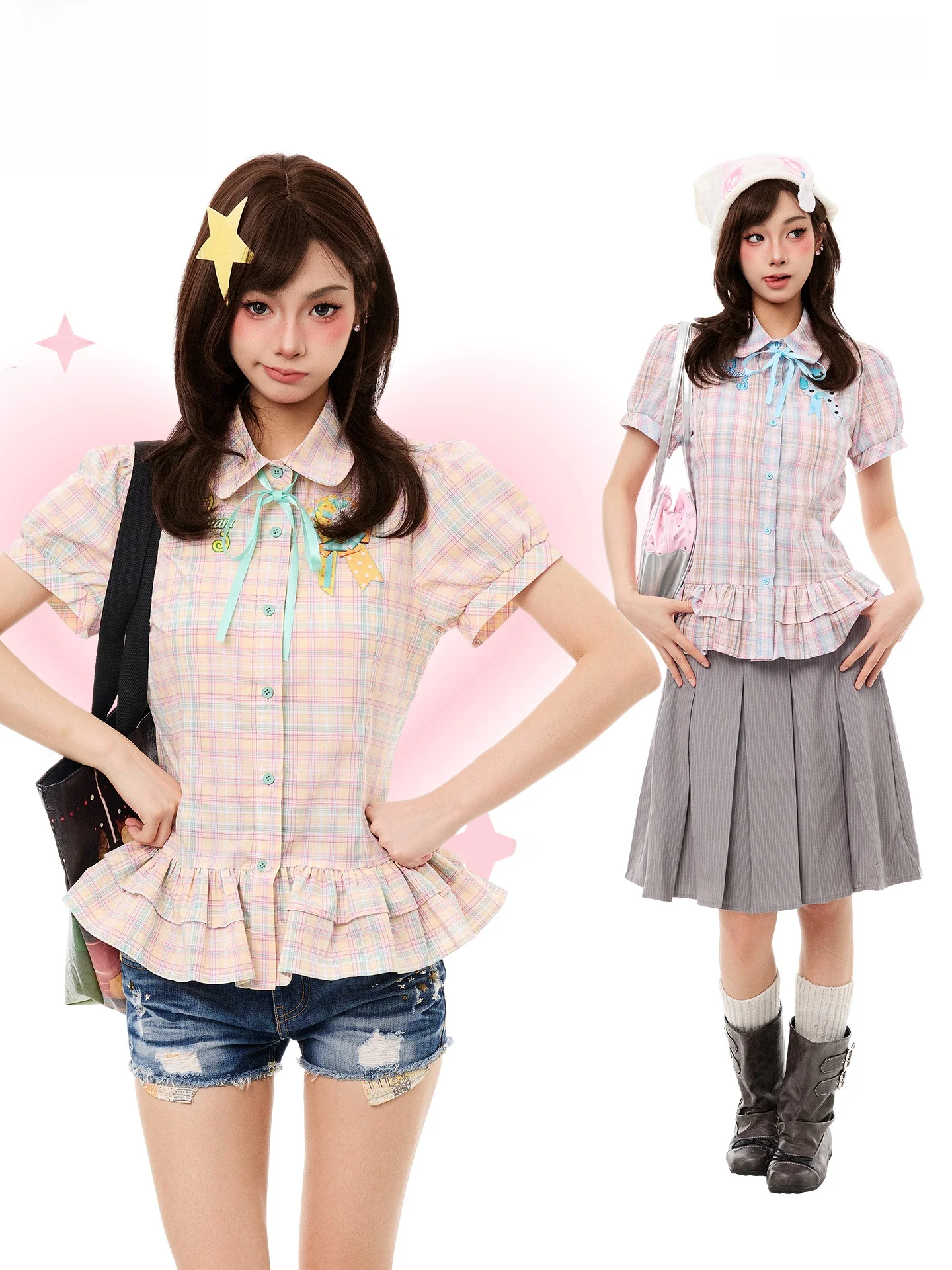 PBB Korean Style Casual Plaid Short Sleeve Shirt Women's Anti-Aging Knot Dopaamine Bubble Sleeve Short Top
PBB Korean Style Casual Plaid Short Sleeve Shirt Women's Anti-Aging Knot Dopaamine Bubble Sleeve Short Top