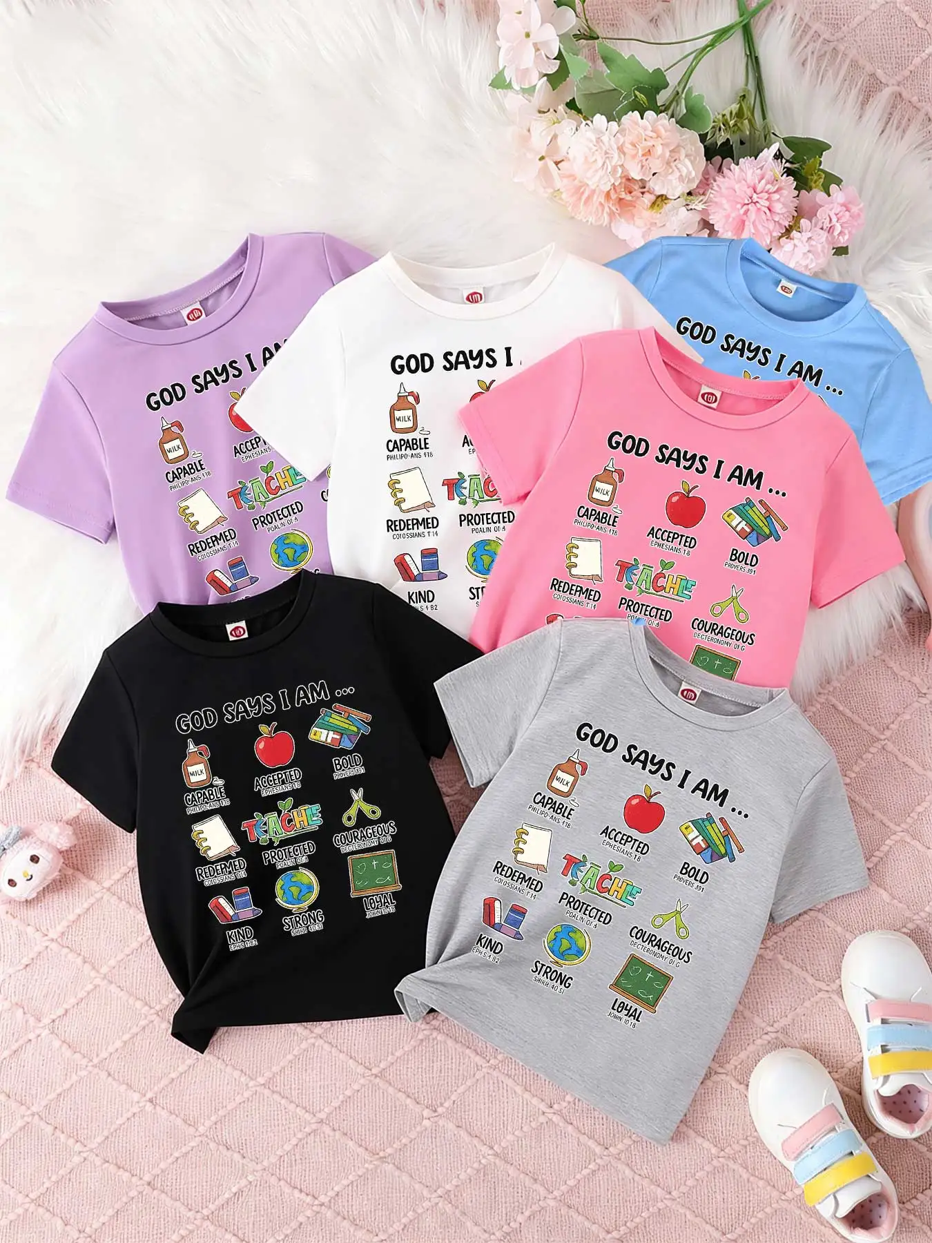 Children's short-sleeved T-shirts for boys and girls, loose and breathable,god says i am,bible verse,school supplies,christian
Children's short-sleeved T-shirts for boys and girls, loose and breathable,god says i am,bible verse,school supplies,christian