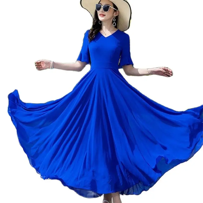 2023 Summer Women's Chiffon Dress Solid Bohemian Beach Maxi Dresses Double-deck V-neck Long-sleeve Elegant Dance A-line Dresses
2023 Summer Women's Chiffon Dress Solid Bohemian Beach Maxi Dresses Double-deck V-neck Long-sleeve Elegant Dance A-line Dresses