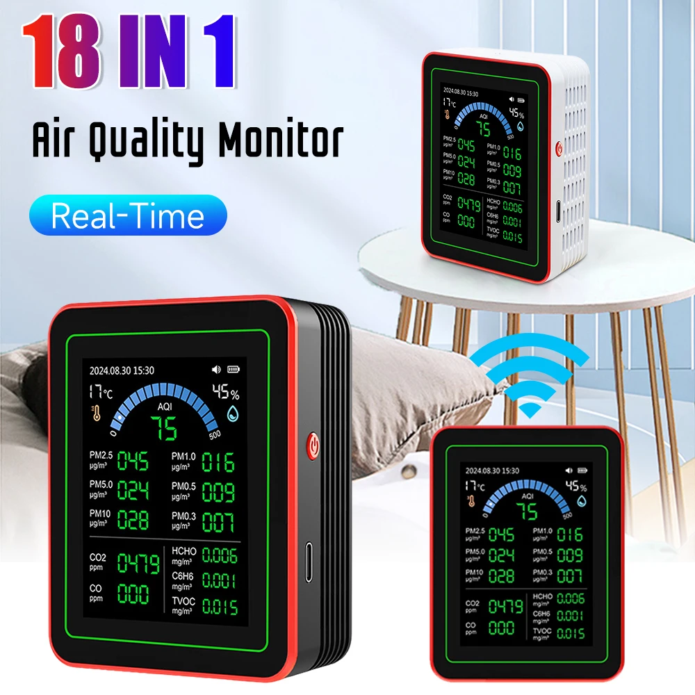 18 In 1 Portable Air Quality Tester Detect 6AQI HCHO PM2.5 PM10 CO2 TFT Display Air Quality Meter for Home Cars Plants and Pets
18 In 1 Portable Air Quality Tester Detect 6AQI HCHO PM2.5 PM10 CO2 TFT Display Air Quality Meter for Home Cars Plants and Pets