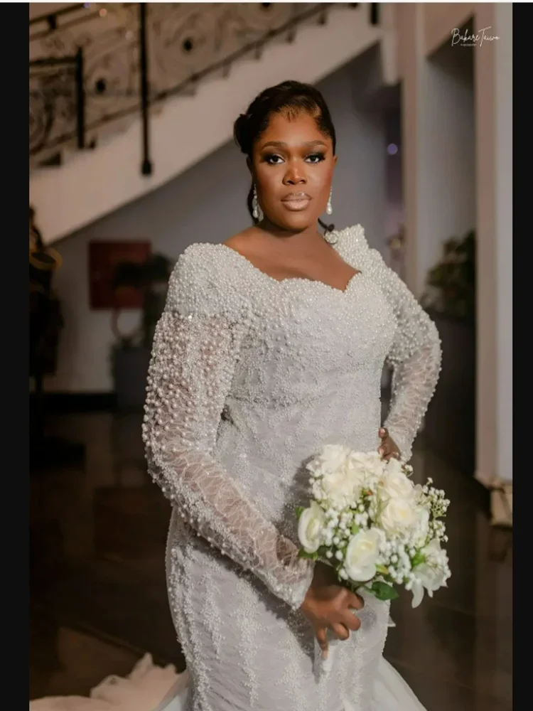 Customized Square Neck Shinny Pearls Beads Mermaid Wedding Dress Full Sleeves Arabic Luxury Bridal Gowns Vestido De Novia
Customized Square Neck Shinny Pearls Beads Mermaid Wedding Dress Full Sleeves Arabic Luxury Bridal Gowns Vestido De Novia