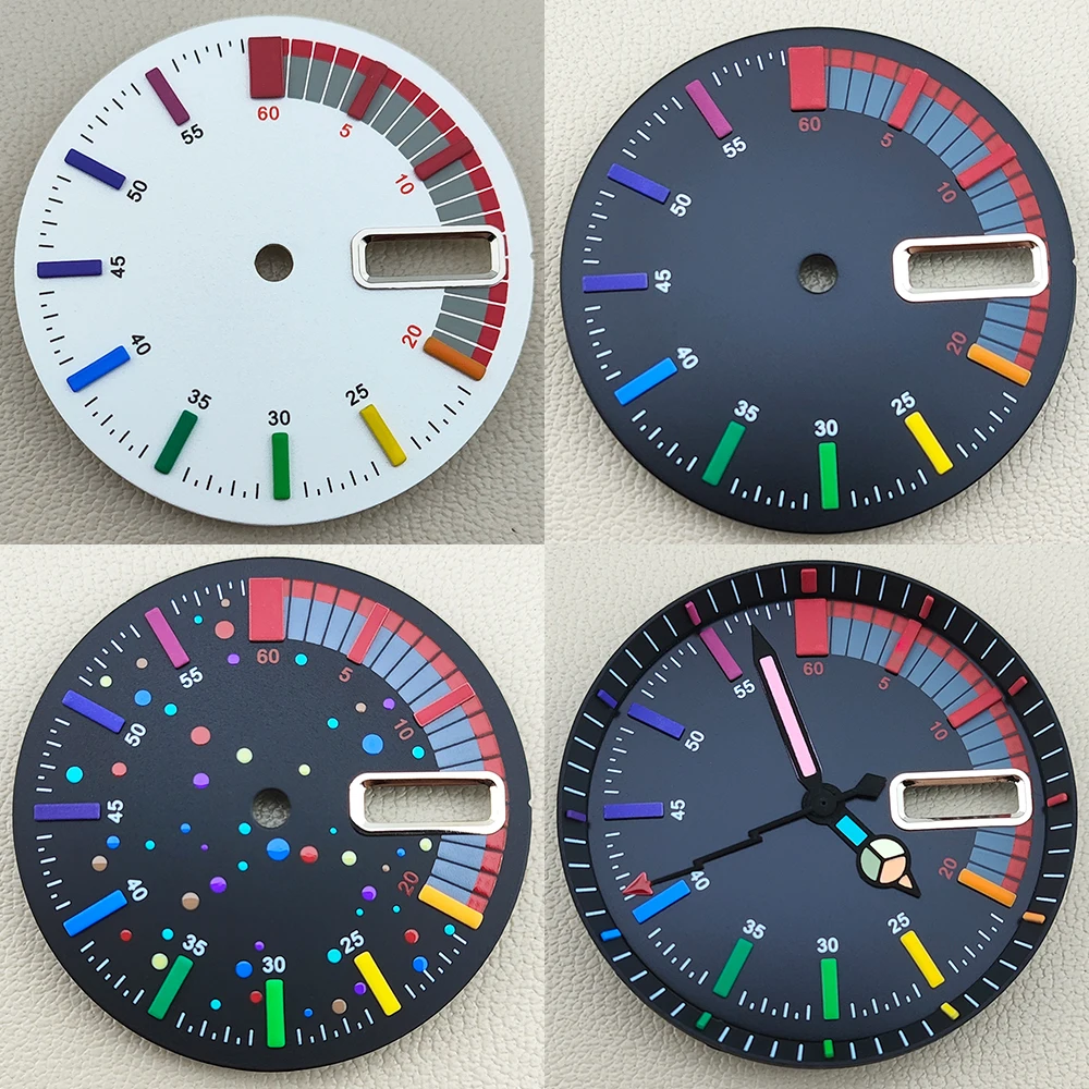 NH36 dial 28.5mm dial watch dial green luminous watch dial Custom Logo Rainbow color 3 o'clock position dual calendar window
NH36 dial 28.5mm dial watch dial green luminous watch dial Custom Logo Rainbow color 3 o'clock position dual calendar window