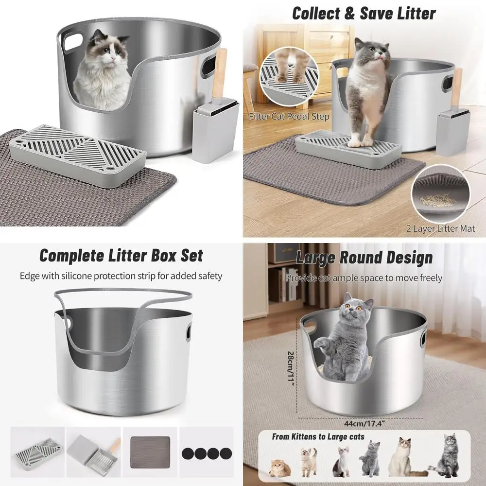 Large Round High-Sided Stainless Steel Cat Litter Box with Scoop, Filter Pedal, and Litter Mat for Easy Maintenance
Large Round High-Sided Stainless Steel Cat Litter Box with Scoop, Filter Pedal, and Litter Mat for Easy Maintenance