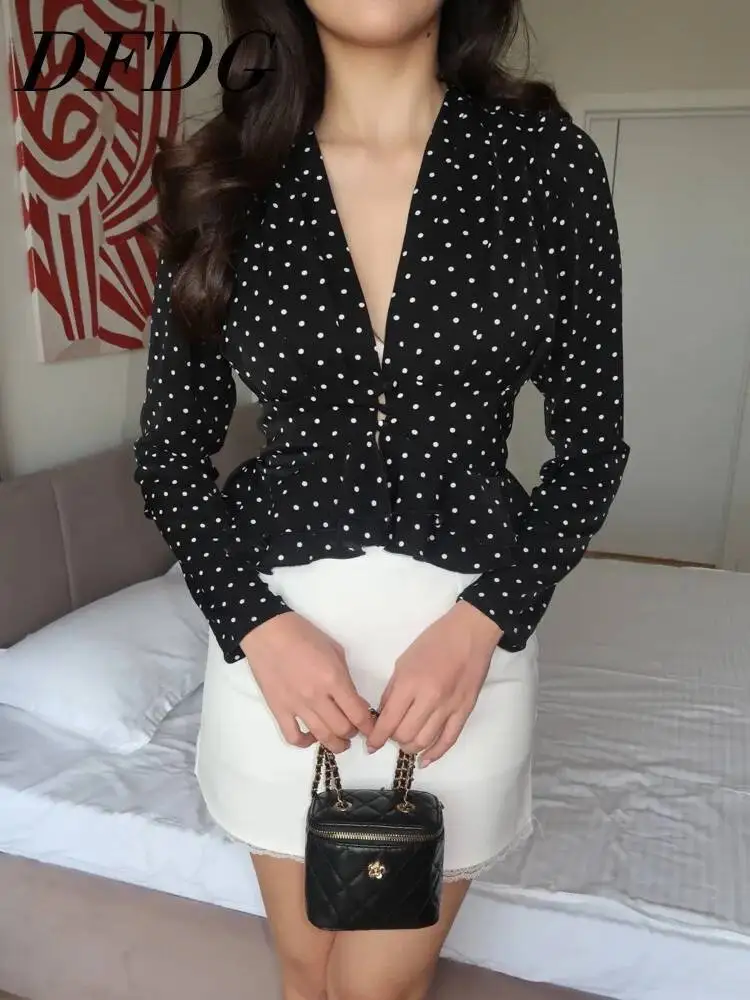 DFDG Women 2026 Spring Summer Polka Dot Blouse V Neck Long Sleeve Ruched Waist Peplum Hem Elegant Office Casual Fashion Tops
DFDG Women 2026 Spring Summer Polka Dot Blouse V Neck Long Sleeve Ruched Waist Peplum Hem Elegant Office Casual Fashion Tops