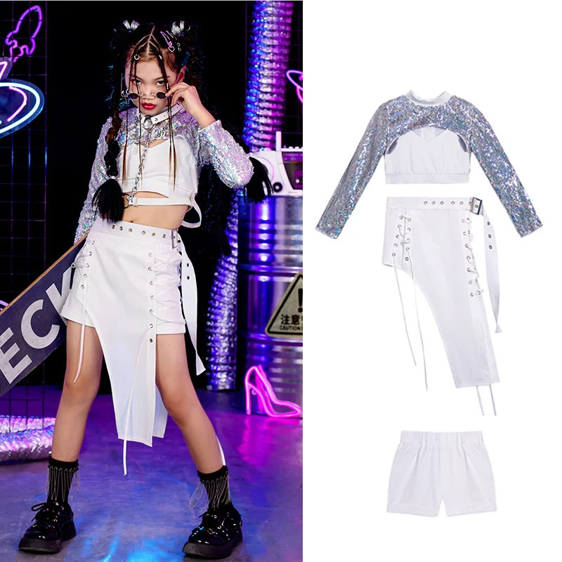 Girls Hip Hop Dance Clothes Sequins Tops White Skirt Jazz Dance Costume Kpop Outfit Festival Clothing Cheerleading Wear DL10601
Girls Hip Hop Dance Clothes Sequins Tops White Skirt Jazz Dance Costume Kpop Outfit Festival Clothing Cheerleading Wear DL10601