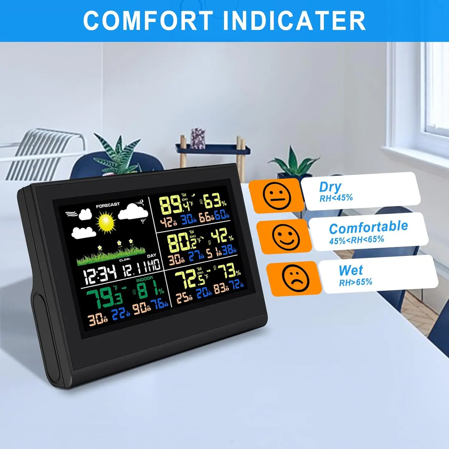 Smart Wireless Weather Station with 3 Sensors Large Color Display Indoor Outdoor Digital Thermometer Hygrometer for Home Office
Smart Wireless Weather Station with 3 Sensors Large Color Display Indoor Outdoor Digital Thermometer Hygrometer for Home Office
