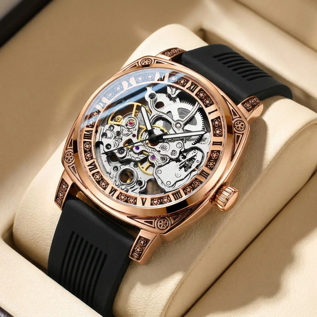 1pcs Men's black dial silicone strap vintage fashion skeleton gear luxury details Mechanical Watch for business party holiday
1pcs Men's black dial silicone strap vintage fashion skeleton gear luxury details Mechanical Watch for business party holiday