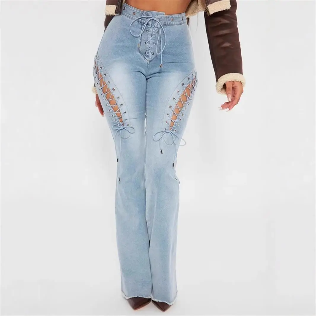 Сексуальные джинсовые расклешенные брюки с высокой талией и эластичным ремешком для глаз, уличные брюки из смеси хлопка и полиэстера среднего возраста для женщин 
Сексуальные джинсовые расклешенные брюки с высокой талией и эластичным ремешком для глаз, уличные брюки из смеси хлопка и полиэстера среднего возраста для женщин