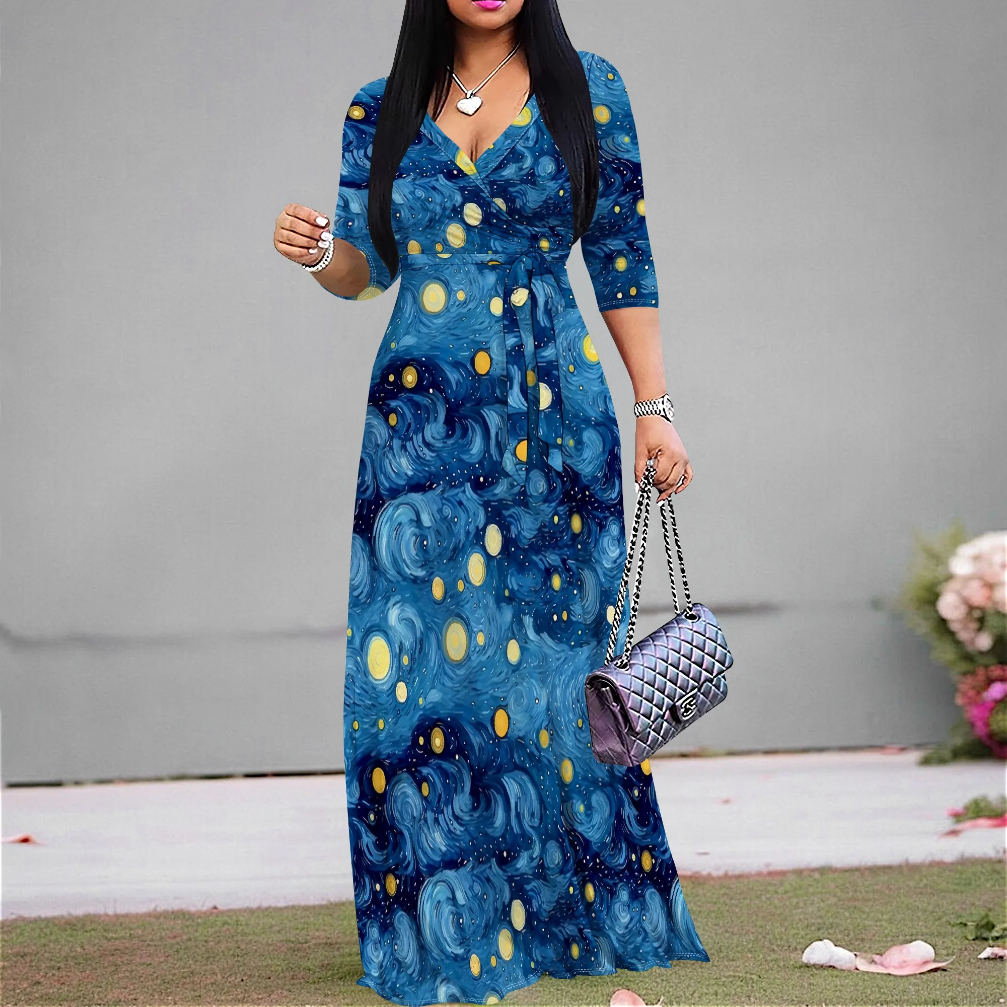 Women's 3/4 Sleeve Sexy V Neck Loose Long Dress Fashion Printed Split Hem Casual Maxi Dress For Women With Pocket and Belt
Women's 3/4 Sleeve Sexy V Neck Loose Long Dress Fashion Printed Split Hem Casual Maxi Dress For Women With Pocket and Belt