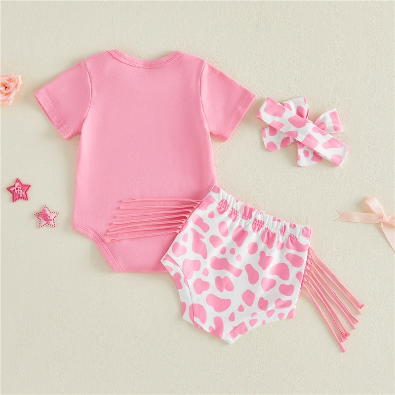 Летний комплект одежды для девочки: комбинезон с принтом в виде букв и коровьего узора, шорты и повязка на голову, 3 предмета
Летний комплект одежды для девочки: комбинезон с принтом в виде букв и коровьего узора, шорты и повязка на голову, 3 предмета