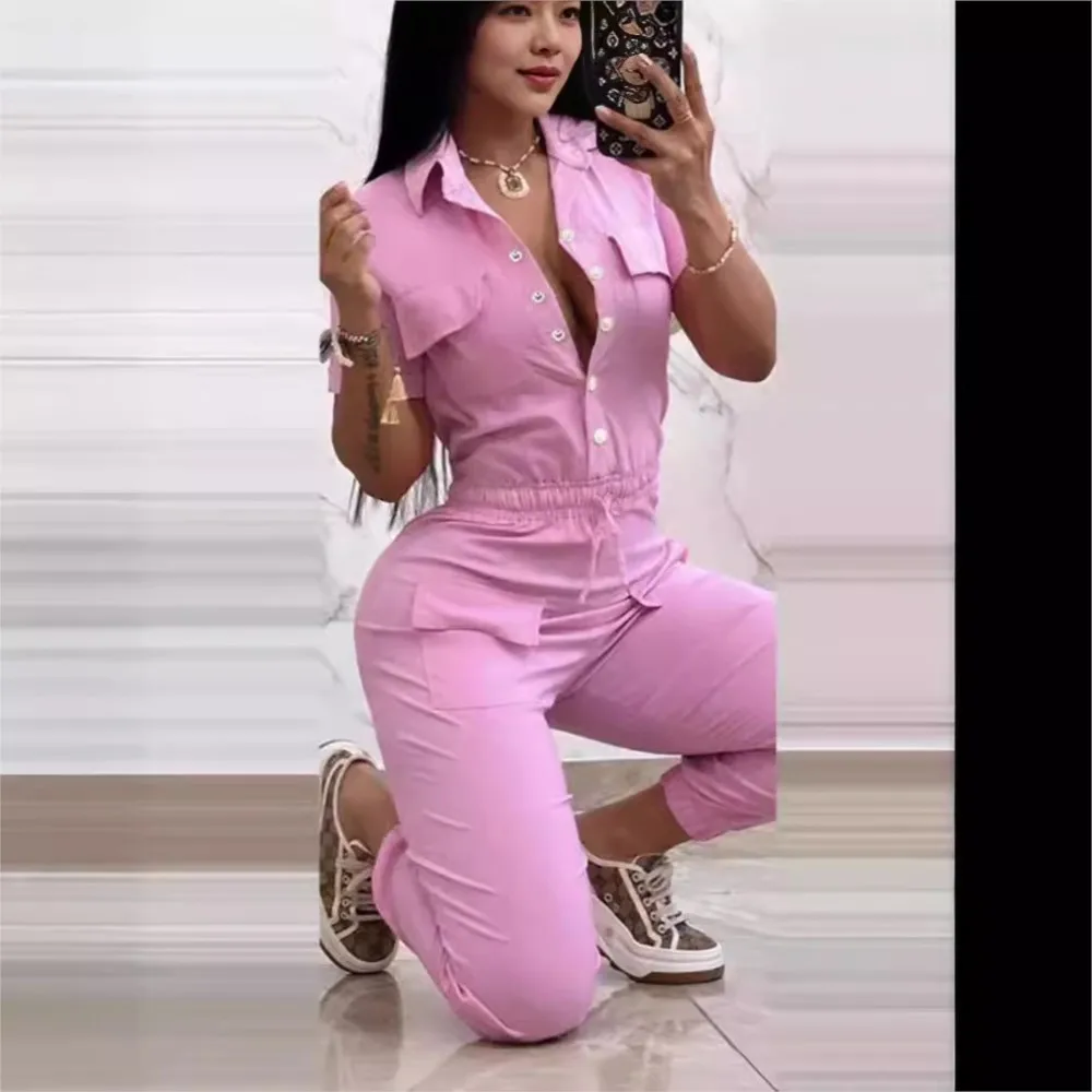Fashion Casual Pocket Solid Color Short Sleeved Women Jumpsuit Spring Autumn New Waistband Female Shirt Work Overalls Pants
Fashion Casual Pocket Solid Color Short Sleeved Women Jumpsuit Spring Autumn New Waistband Female Shirt Work Overalls Pants