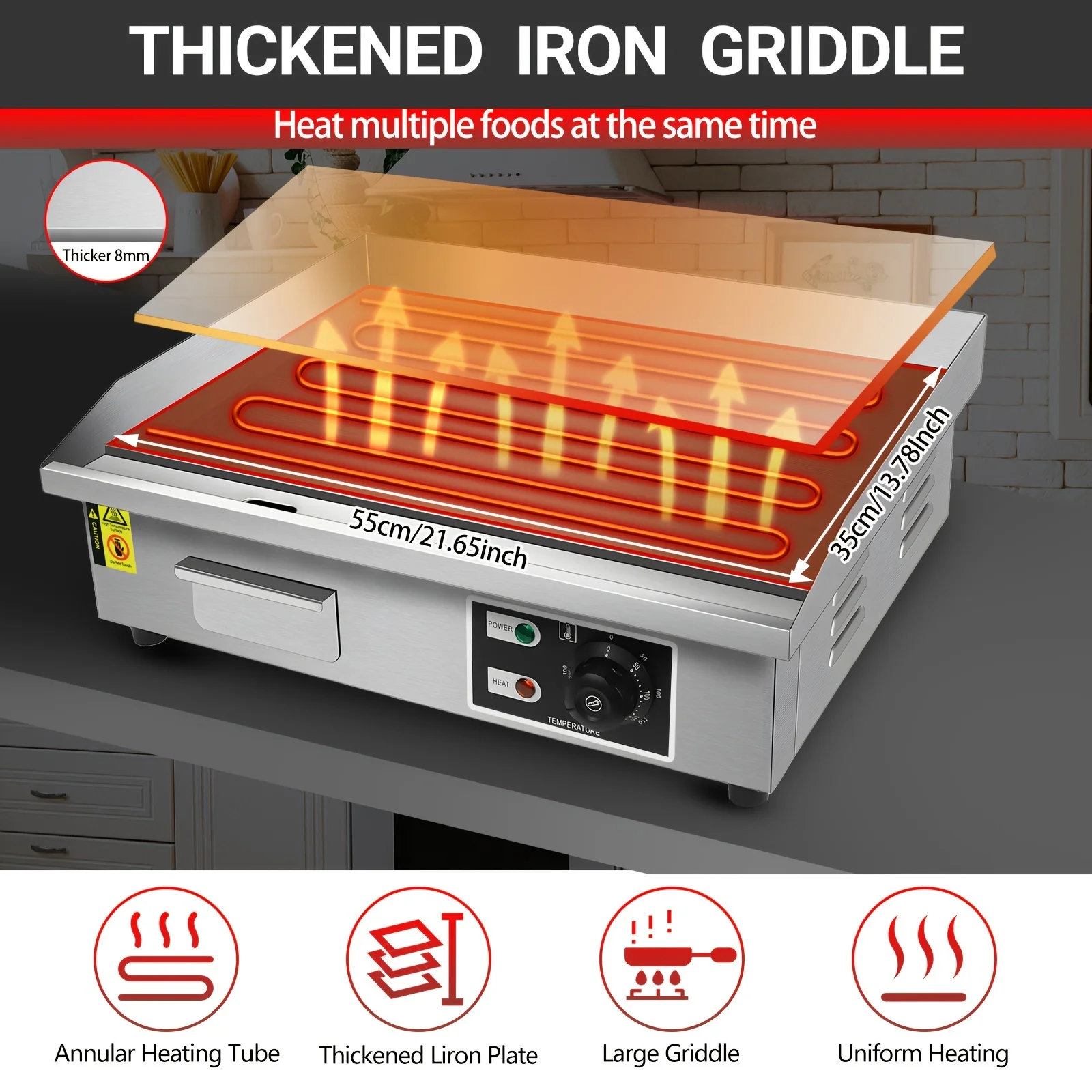 22" Electric Countertop Flat Top Griddle 1600W 110V, Commercial Electric Griddle, Non-Stick Restaurant Teppanyaki Grill, Stainless Steel Adjustable Temperature Control 50-300 Degrees Celsius
22" Electric Countertop Flat Top Griddle 1600W 110V, Commercial Electric Griddle, Non-Stick Restaurant Teppanyaki Grill, Stainless Steel Adjustable Temperature Control 50-300 Degrees Celsius