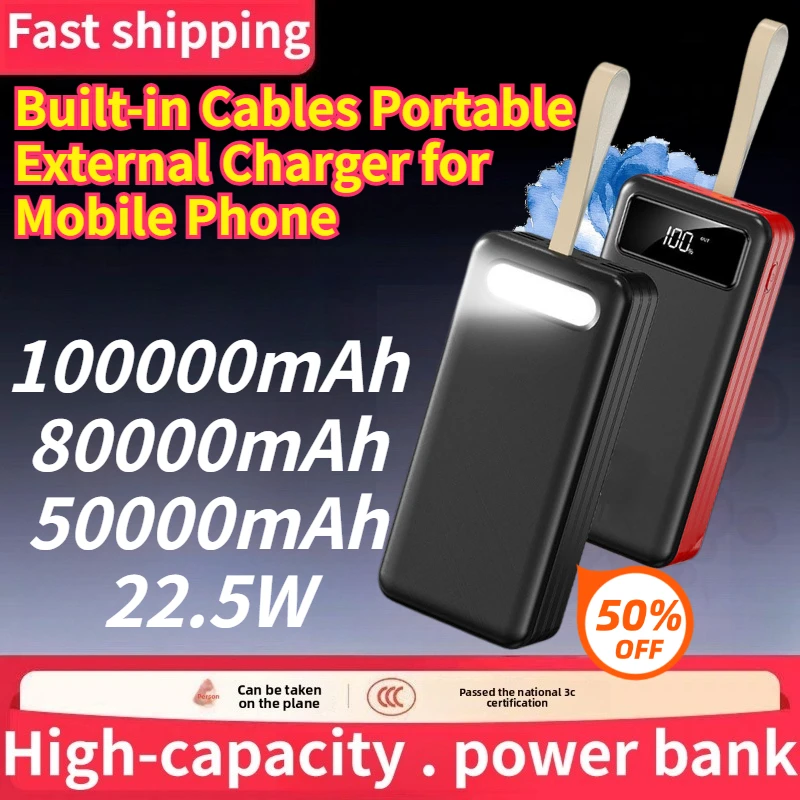 PowerBank 100000mAh 80000mAh 50000mAh Built-in Cables Portable External Charger for Mobile Phone All Phones 22.5W Large Capacity
PowerBank 100000mAh 80000mAh 50000mAh Built-in Cables Portable External Charger for Mobile Phone All Phones 22.5W Large Capacity