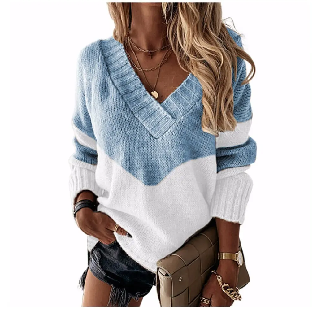 Women's Long-Sleeved V-Neck Pullover Knitwear Color-Block Design European And American Style Autumn Winter Loose Fit Fashion
Women's Long-Sleeved V-Neck Pullover Knitwear Color-Block Design European And American Style Autumn Winter Loose Fit Fashion