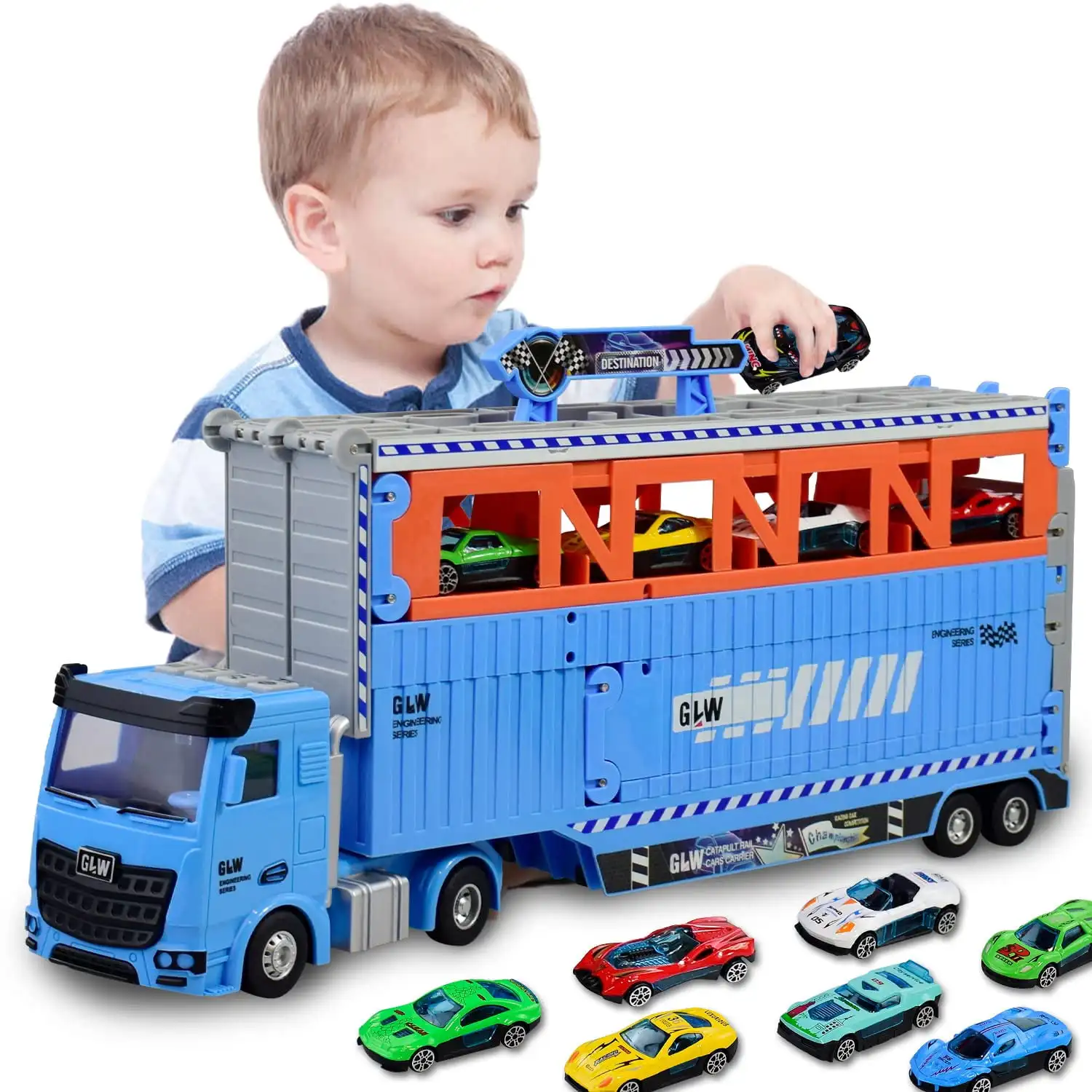 Transformable Transport Truck Toy with 201CM Race Track, 8 Alloy Cars, Inertia Launcher, Lights Sounds Gift for Kids Boys 3+
Transformable Transport Truck Toy with 201CM Race Track, 8 Alloy Cars, Inertia Launcher, Lights Sounds Gift for Kids Boys 3+